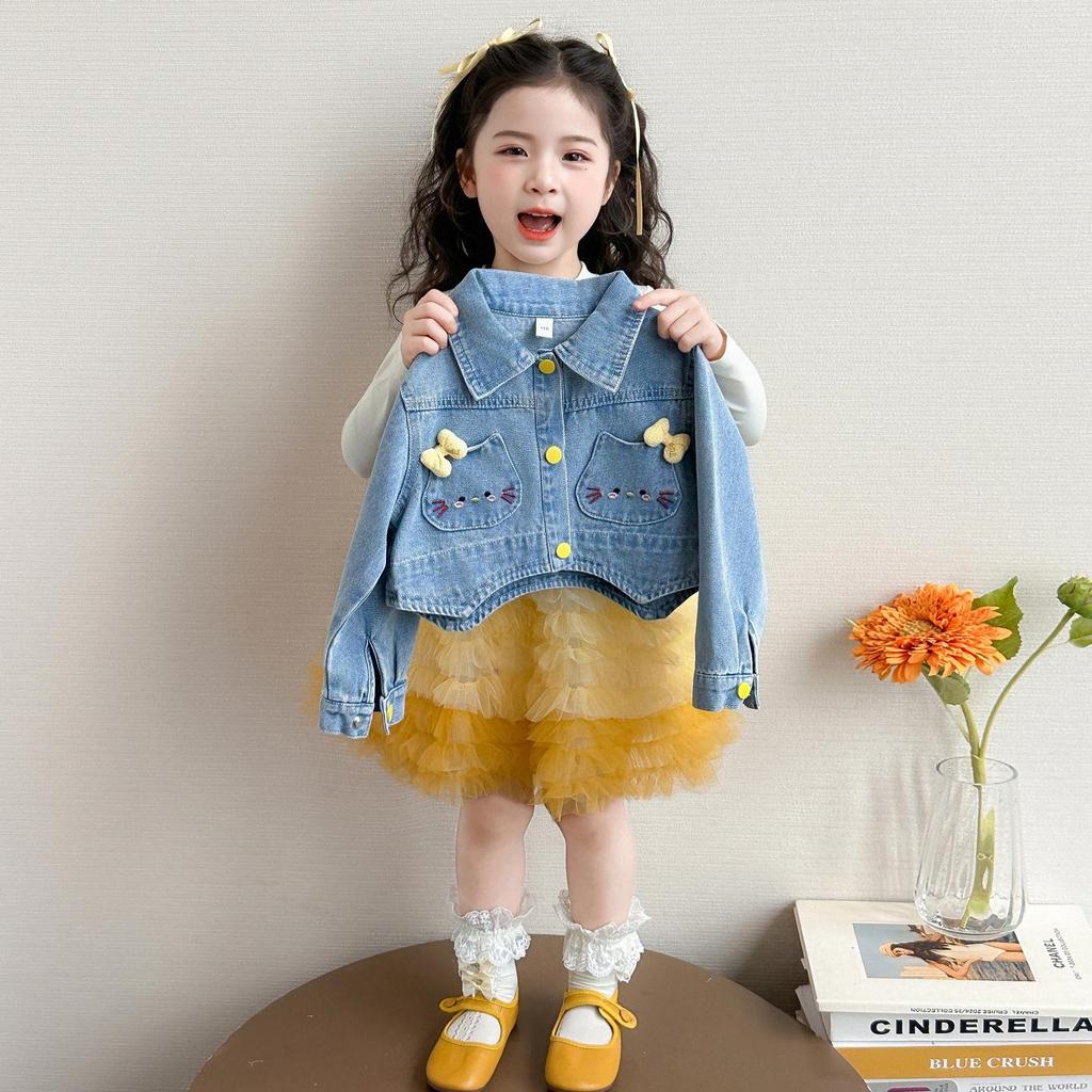 Spring Girls' Cat Denim Princess Dress Set - Baby Puffy Skirt Two-Piece