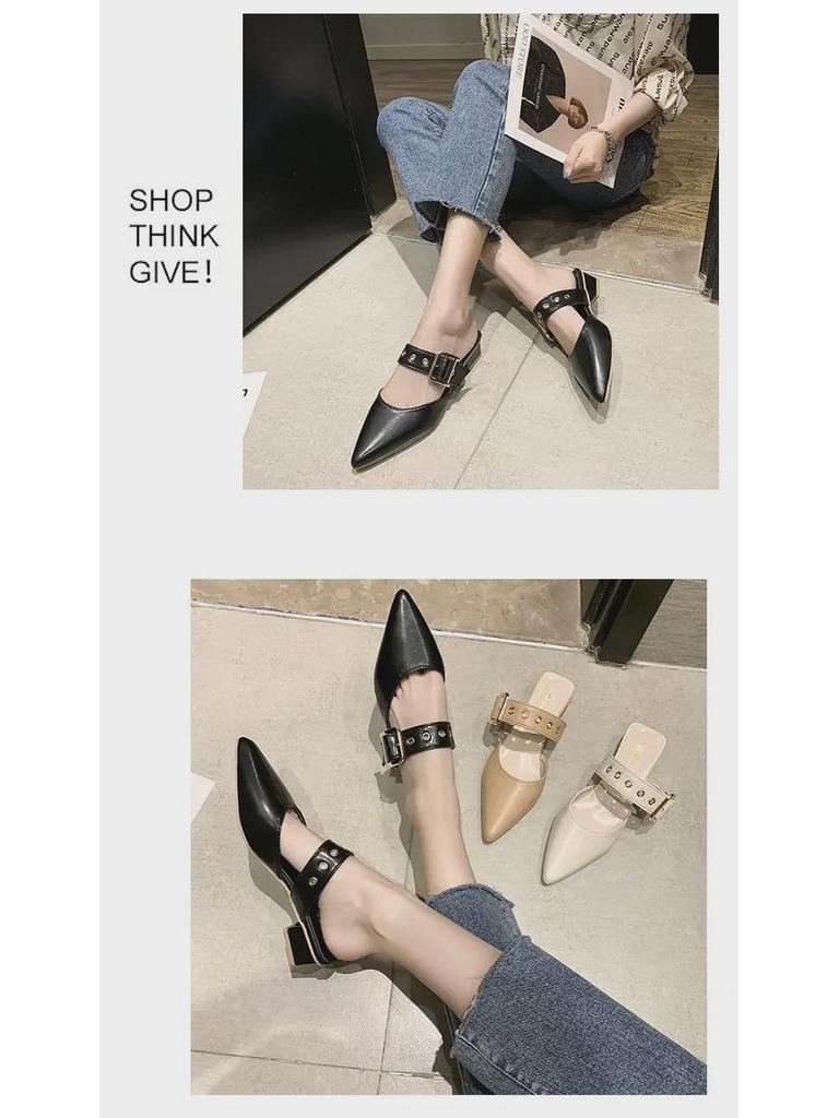 Женские закрытые босоножки-мюли с заклепками и острым носком — толстый каблук, стильные и универсальные тапочки для верхней одежды.