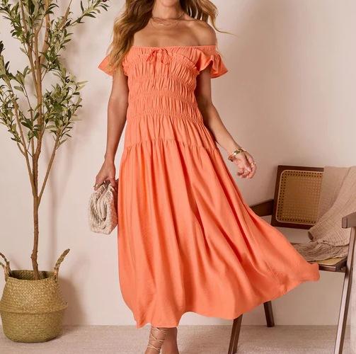 Summer new European and American off-shoulder orange dress with ruffled hem waist for slimming mid-length vacation dresses