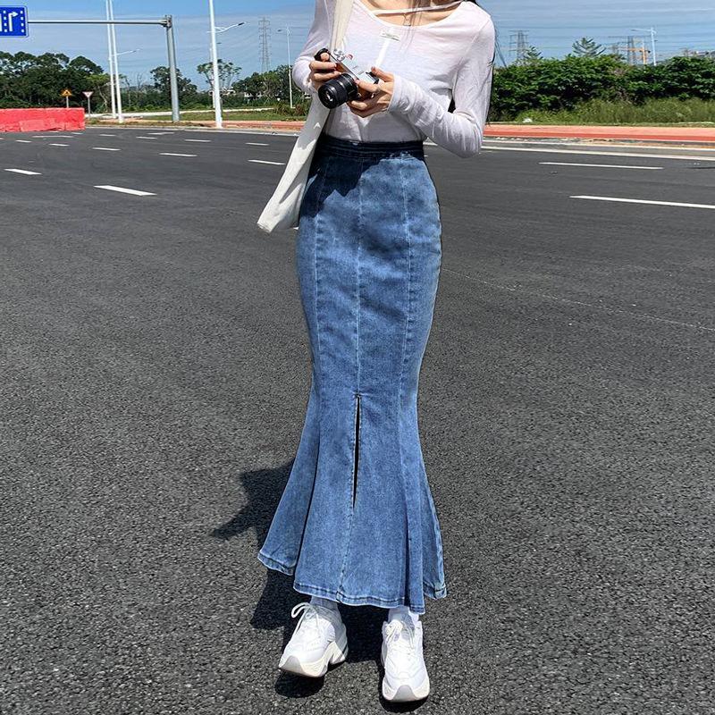 Юбка из эластичного денима, юбка-полукомбинезон, женская летняя юбка-трапеция с высокой талией, открытая юбка на бедрах, длинная юбка-рыбий хвост, женская юбка