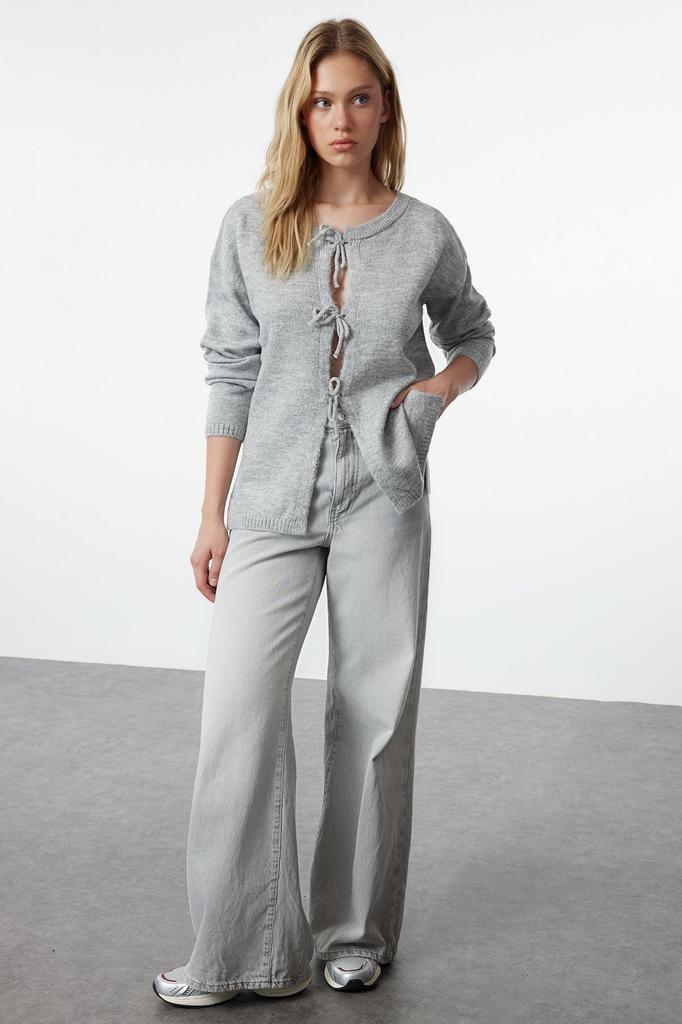 Женский модный стильный свитер цвета индиго, мягкая текстурированная лента с бантом, детальный трикотаж, свитер-кардиган