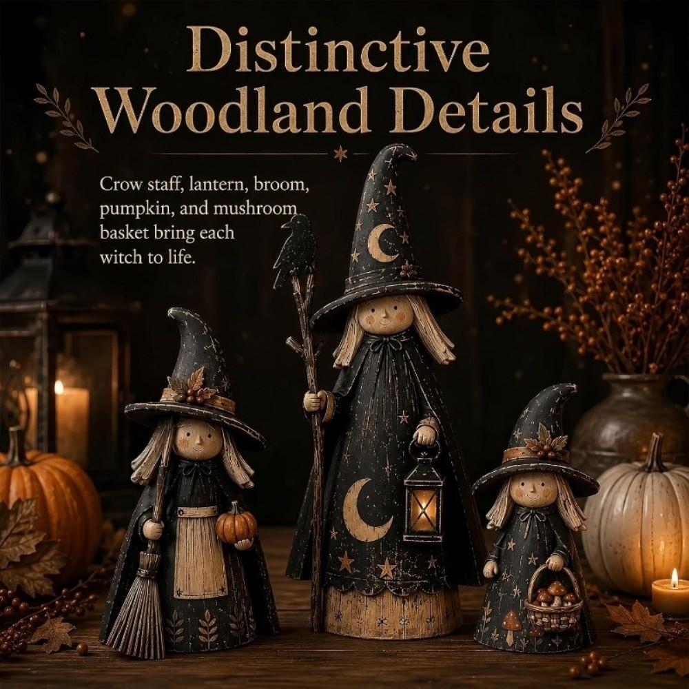 3pcs Wooden Crow Witch Statue Set Scarecrow Sculpture Halloween Witch Ornaments Halloween