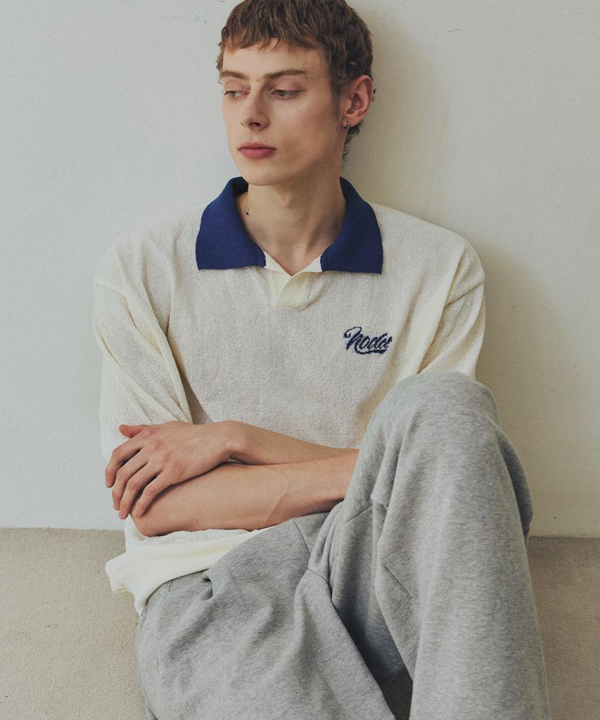 NODU Summer Vivid Color Block Collar Knit [Ivory/Blue]