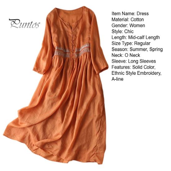 Женское весенне-летнее платье с круглым вырезом в этническом стиле с вышивкой и длинным рукавом с высокой талией трапециевидной формы, полуоднобортное сплошное цветное двухслойное платье миди