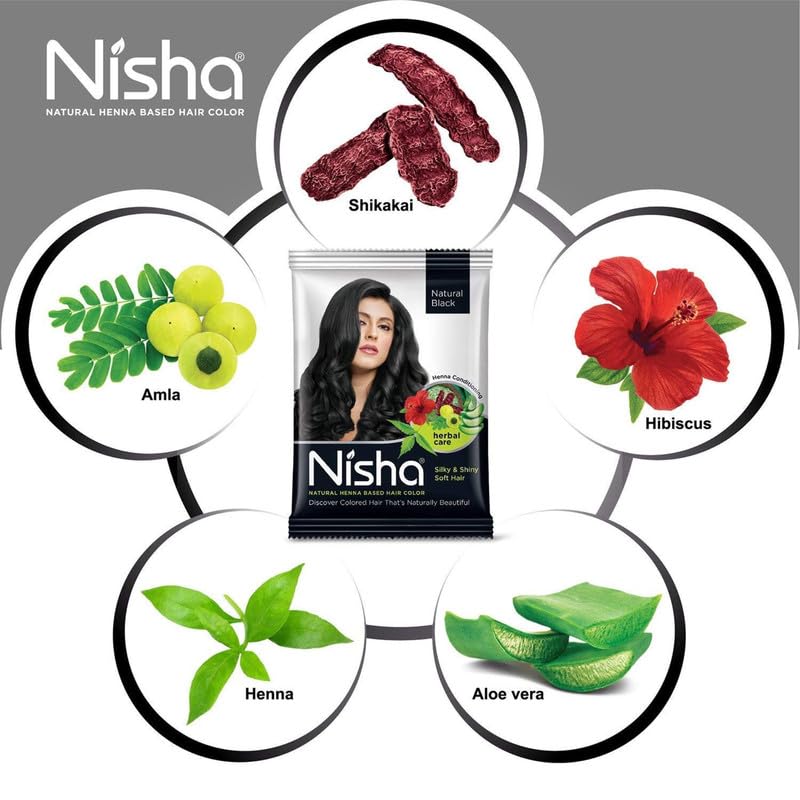 Натуральная хна для волос Nisha 25 г Упаковка 12 шт. | Травяная черная полуперманентная краска для волос для шелковисто гладких волос