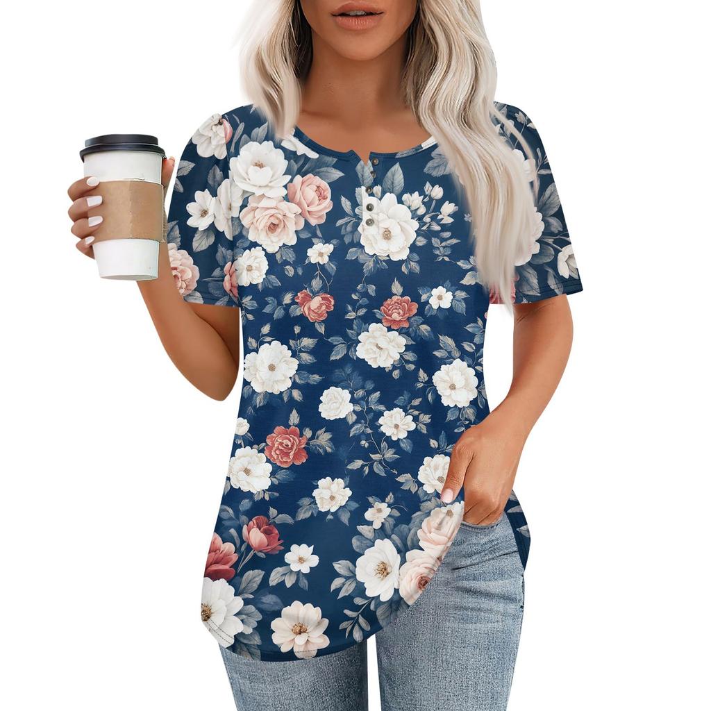 Женский модный повседневный короткий рукав пуловер с принтом на пуговицах и круглым вырезом