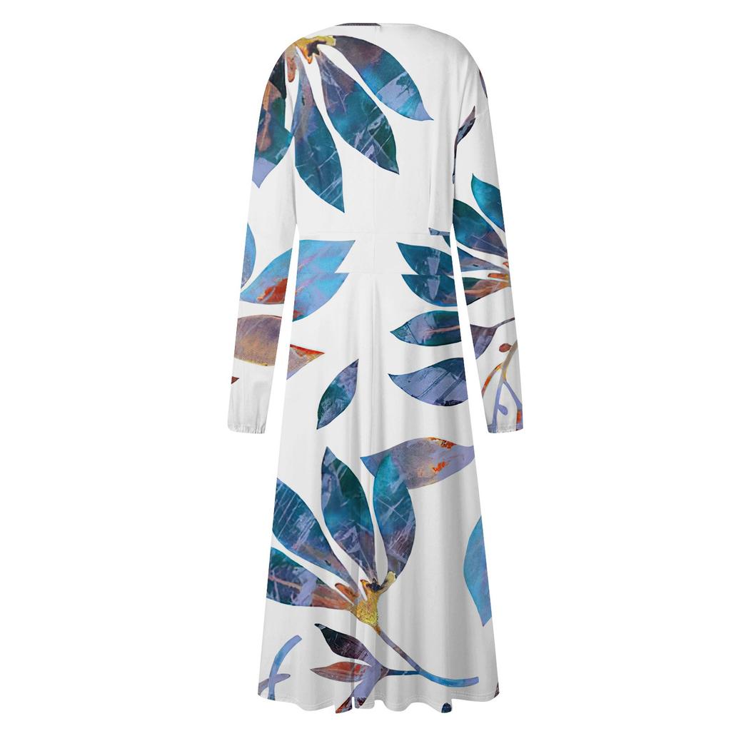 Женское осенне-зимнее повседневное модное длинное платье с v-образным вырезом и длинным рукавом с принтом дефолиации