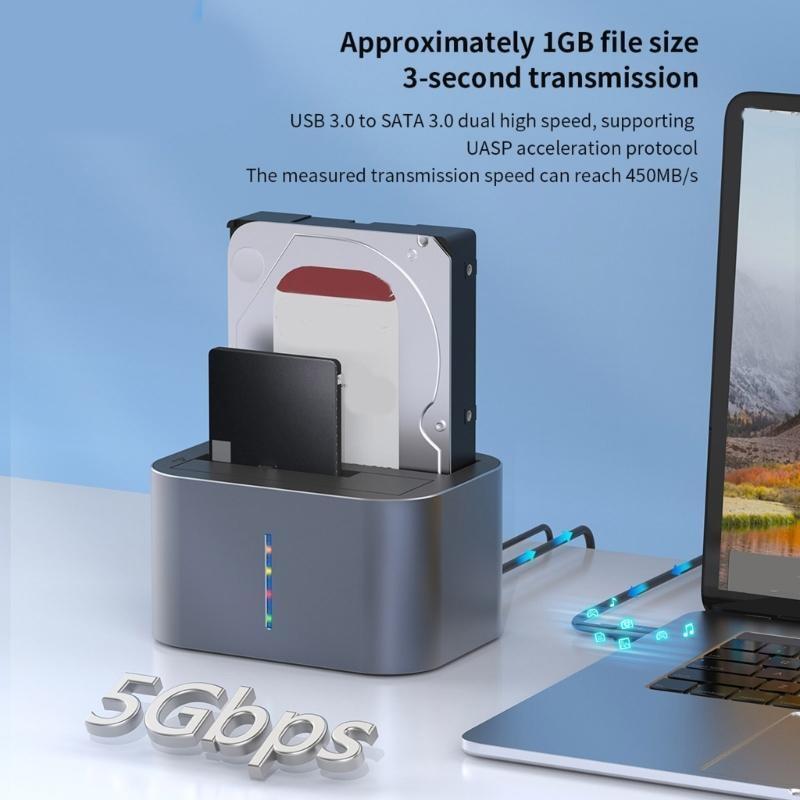 Double Bay USB3.0 External Docking Station for 2.5/3.5Inch Solid Disks Reader Support 2*18TB 2 USB 5Gbps Aluminum Box