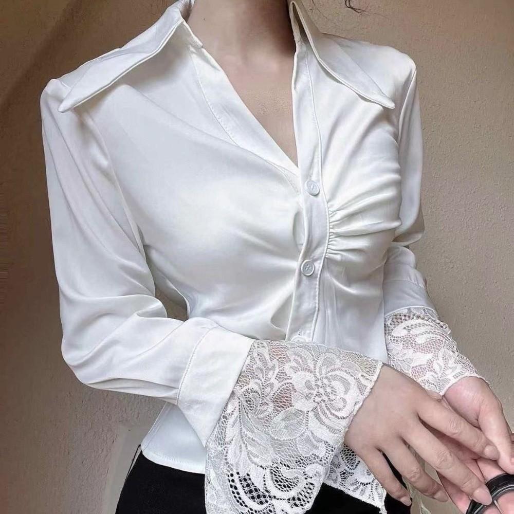 V-neck Lace Long Sleeve Shirts Lace Clothing Sleeves Slim Buttons Shirts Korean Style Blouse  Women