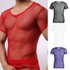 Men Tops V-Neck Short Sleeve Hollow Mesh Design Tee Shirt Solid Color