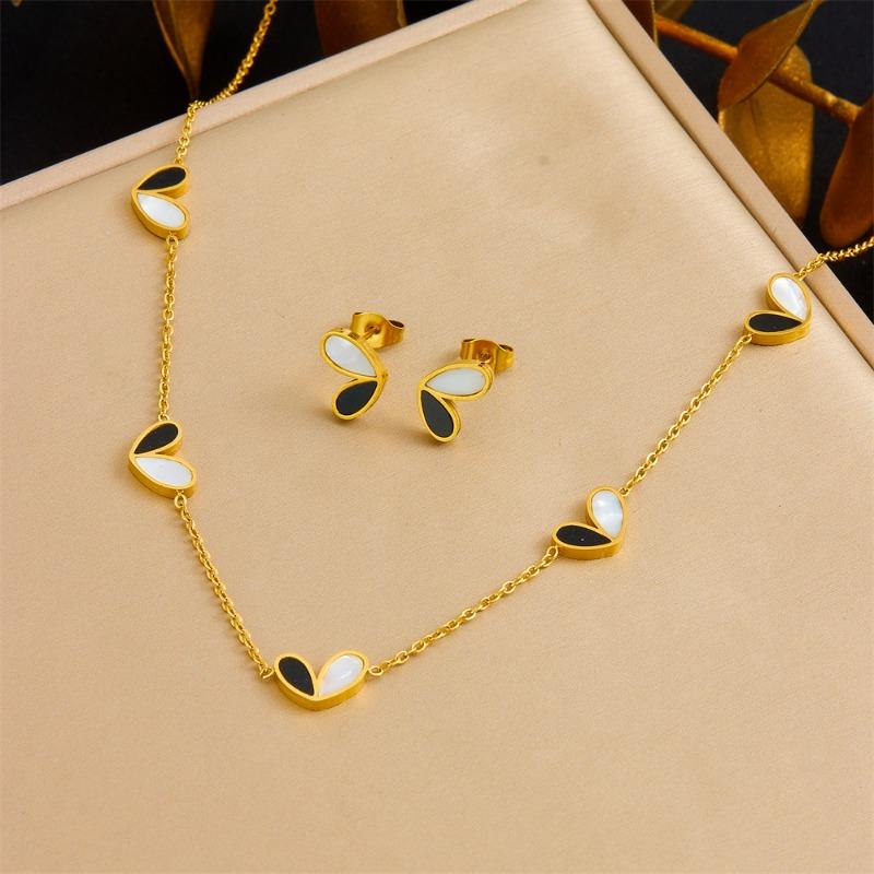 Gold Black White Heart Jewelry Set Necklace Bracelet Earrings for Women