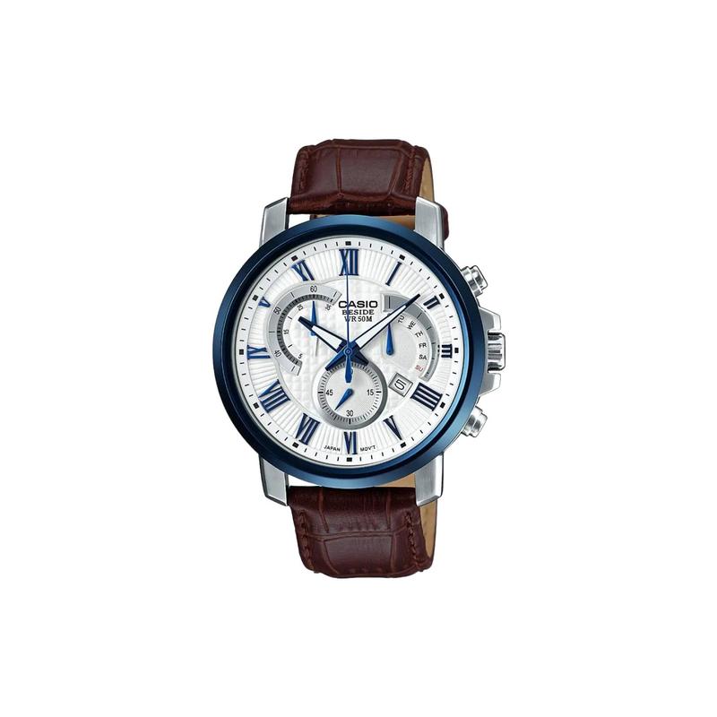 Casio Водонепроницаемые кварцевые часы на кожаном ремешке Японские и корейские часы Мужские часы Белый циферблат BEM-520BUL-7A3