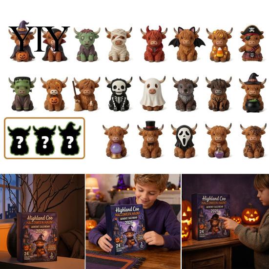 Desktop Holiday Display Halloween Highland Cow Advent Calendar, 24 Days Surprise Countdown Calendar with Souvenirs Mini Acrylic Ornaments, Spooky