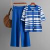 Navava Nk2937 Striped Collar Short Sleeve Knit Pants Two Piece Set