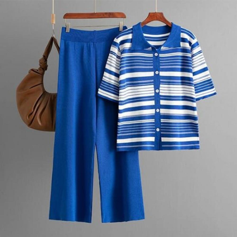 Navava Nk2937 Striped Collar Short Sleeve Knit Pants Two Piece Set