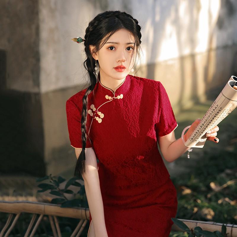 Lace Red Cheongsam Dress Short Style Modern Chinese Inspired Womens Mini Qipao With Stand Collar