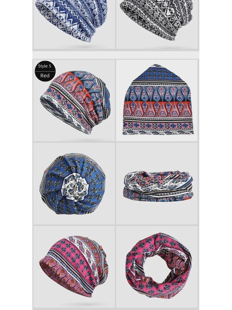 Женская шапка-пуловер двойного назначения в этническом стиле и шарф, а также теплый бархатный платок на голову для весны, осени и зимы