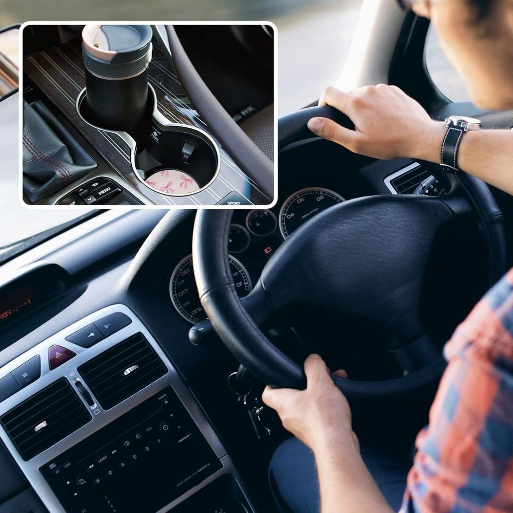 Burbuja Pink Bow Car Coasters for Cup Holder 2 Pack, Absorbent Ceramic Car Cup Holder Coasters with Finger Notch, Cute Car Assecories for Women