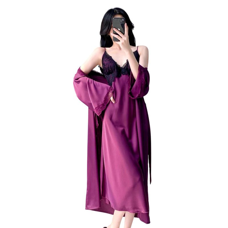 Suspender nightdress women's summer ice silk long dress loungewear sexy V-neck loose and comfortable can be worn outside black