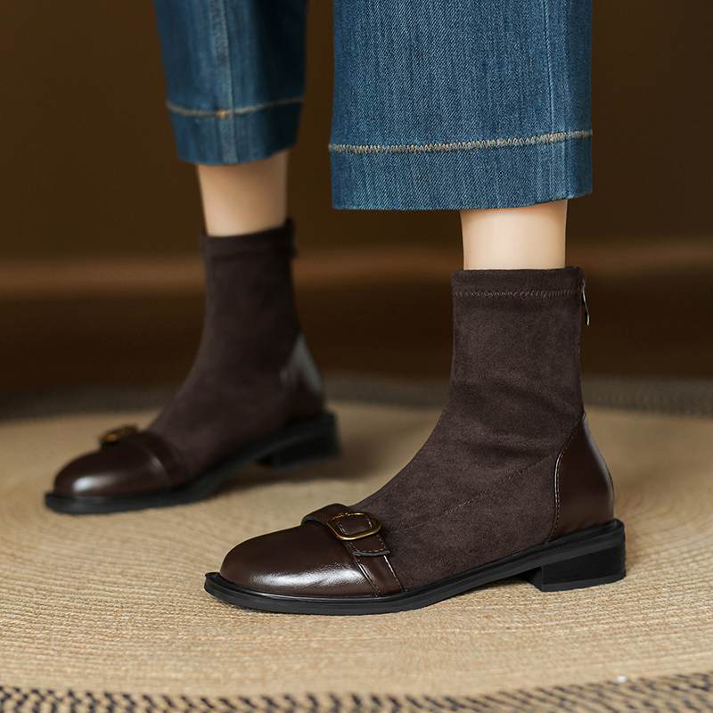 Krazing Po Микрофибра Флок Зима Круглый Носок Размер 33 Ботильоны Челси Размер 43 Молния Металлическая Пряжка Низкий Каблук Ботильоны