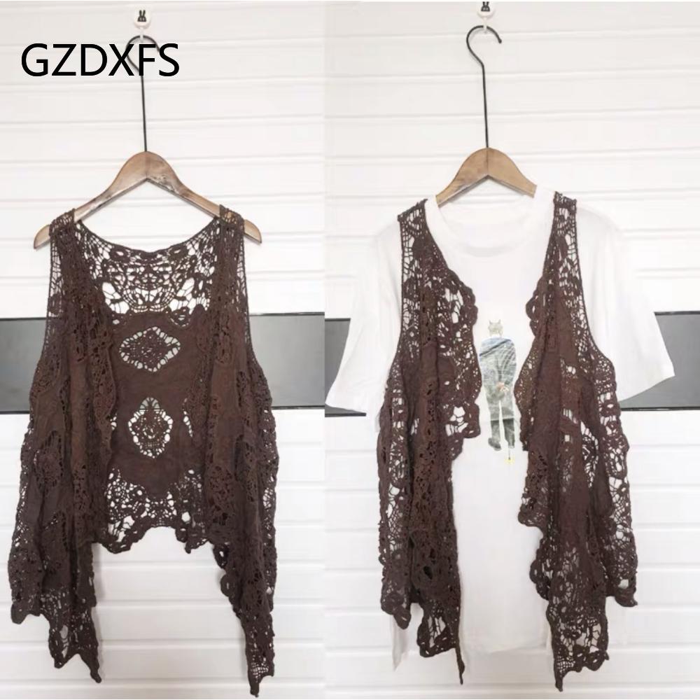 Outside Take Thin Sleeveless Lace Cardigan All-match Shawl Beach Clothes Sunscreen Clothes Women Hollowed Out Air Conditioning Shirt Tide