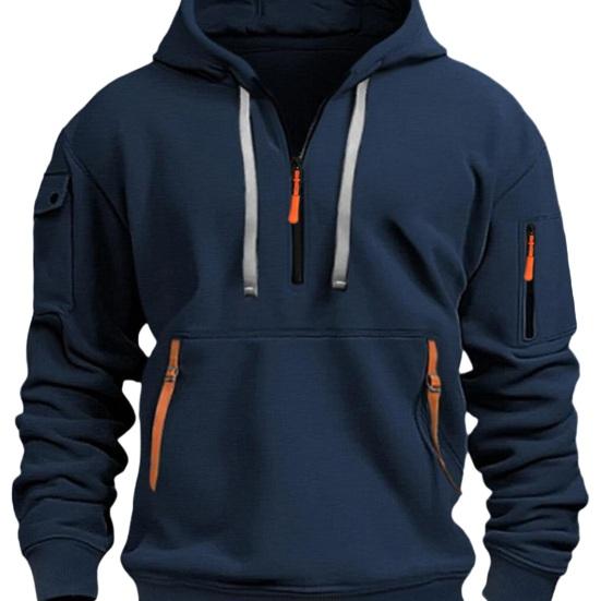 Men Fall Winter Hoodie Solid Color Drawstring Long Sleeves Half Zipper Arm Pocket Strap Decor Hooded Loose Daily Wear Casual Sport Top