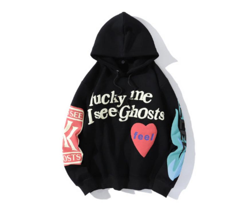 Lucky Me I See Ghosts Толстовка с буквенным принтом Пара Kanye West Граффити Зимние пуловеры с капюшоном Толстовка в стиле хип-хоп Пальто с длинными рукавами