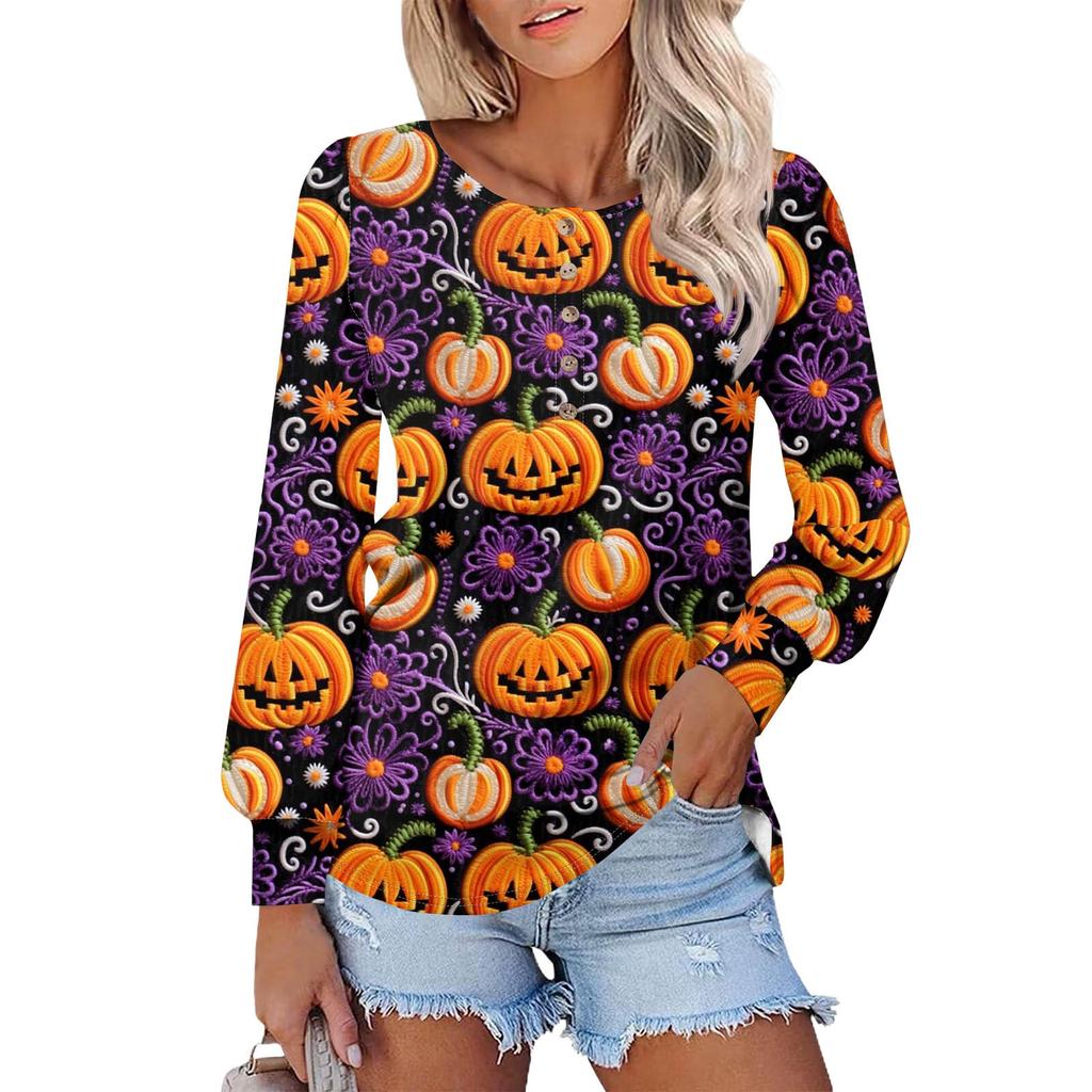Женские футболки с длинным рукавом и круглым вырезом, принты на Хэллоуин, рубашки с рукавами-фонариками, блузки на пуговицах, топы