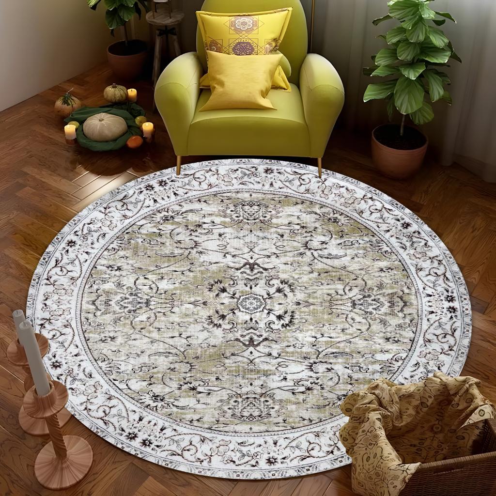 Luxury Floral Round Area Rug Vintage Bohemian Style for Living Room Bedroom Decor Soft Non-Slip Carpet