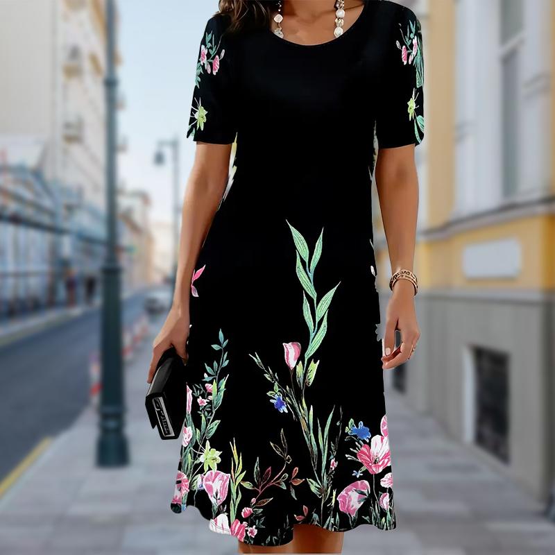 Модное женское свободное платье-трапеция с принтом цветов и растений, коротким рукавом и принтом листьев