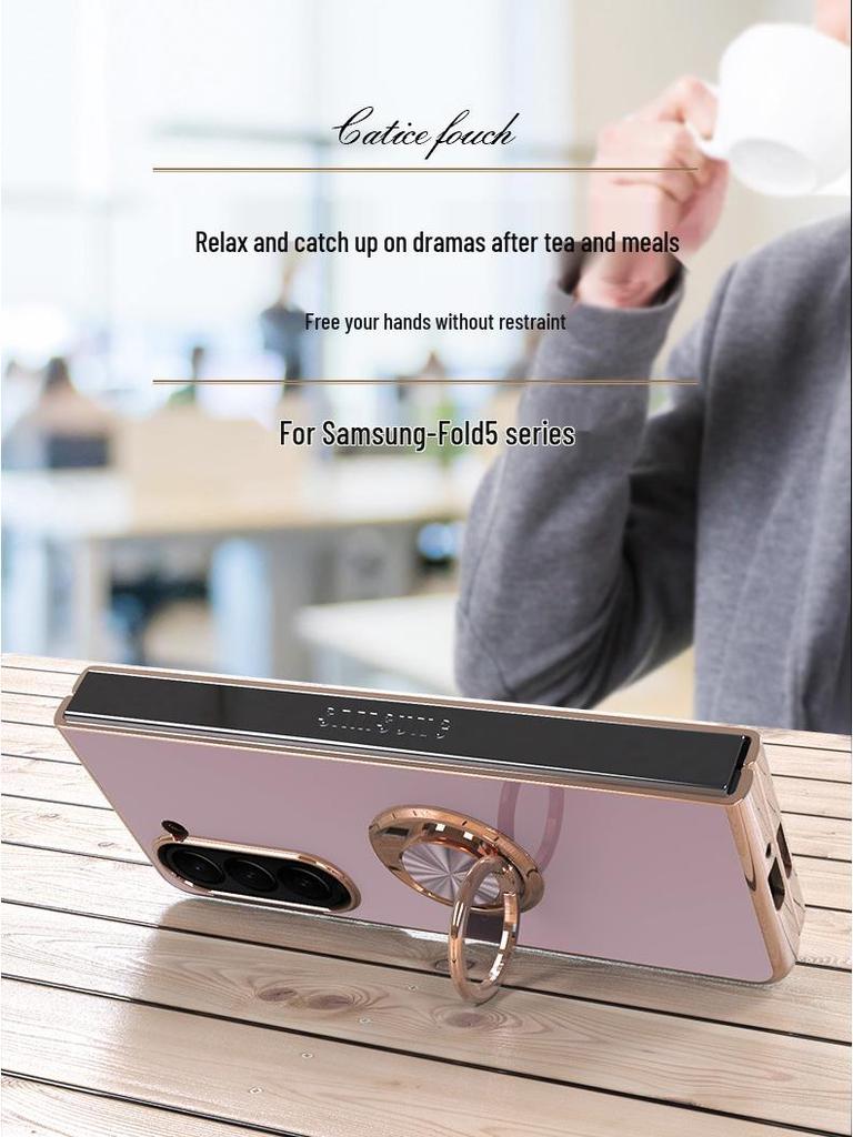 Защитный чехол с гальваническим покрытием для Samsung Galaxy Z Fold 7 со встроенной подставкой-кольцом и магнитным креплением для автомобиля