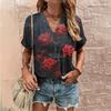 Summer Women Fashion T-shirt Vintage Floral Rose Pattern V-Neck Tops Tees Female Short Sleeve Clothing Ladies Casual Streetwear