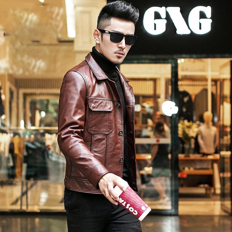 Осенняя мужская кожаная куртка на пуху, мотоциклетная куртка из телячьей кожи с верхним слоем, кожаная куртка, короткая повседневная трендовая куртка