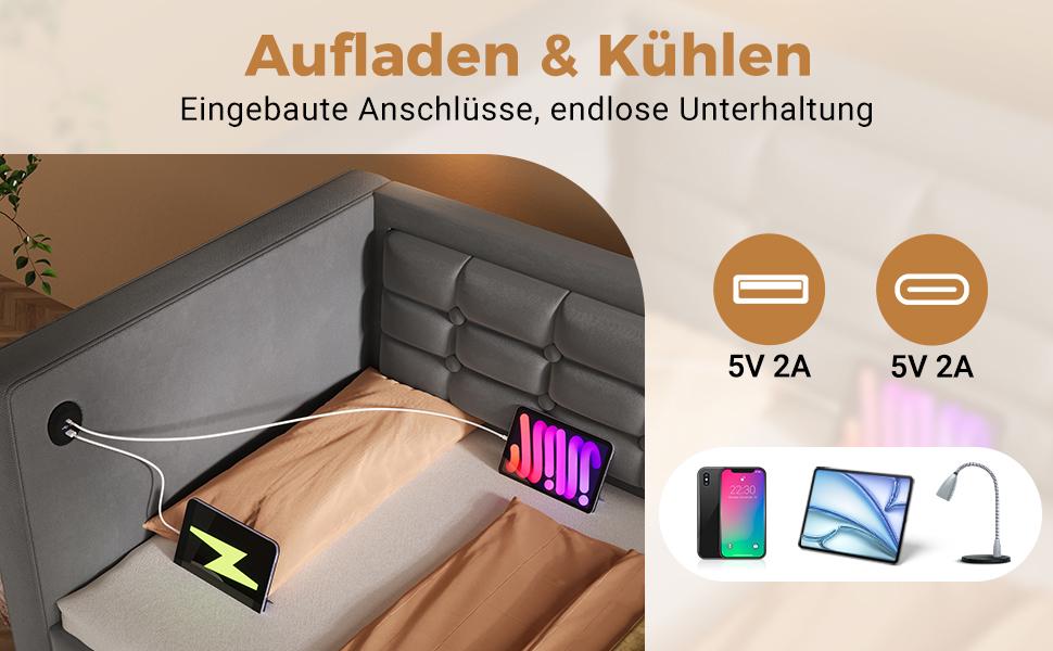 Sofa Bed 90x200 cm, Single Sofa Bed with Hydraulic Storage USB & Type-C Charging, Guest Bed with Slatted Base, Grey, Velvet, Without Mattress.