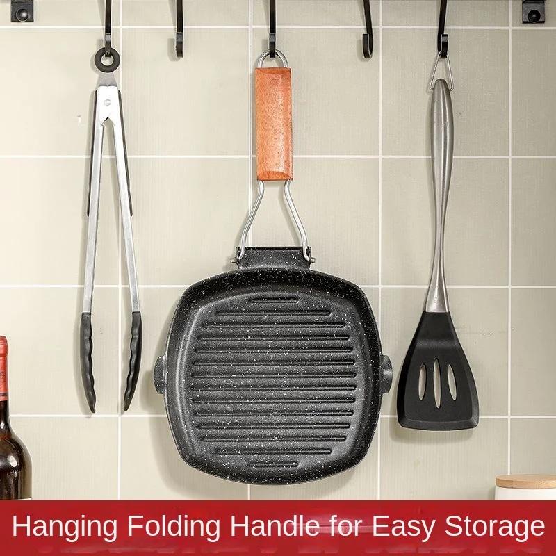 Сковорода-гриль для пикника, портативная складная сковорода-гриль, деревянная ручка против ожогов, утолщенная сковорода для жарки для улицы, сковорода для стейков с двумя носиками