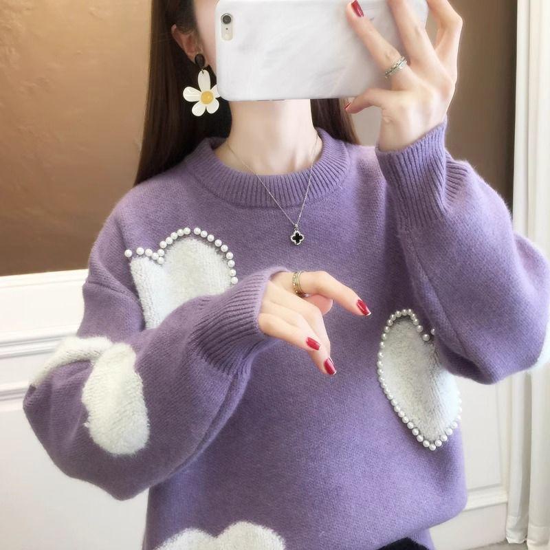 Толстый вязаный свитер в студенческом стиле для женской осенне-зимней одежды. Корейская свободная нижняя часть рубашки.