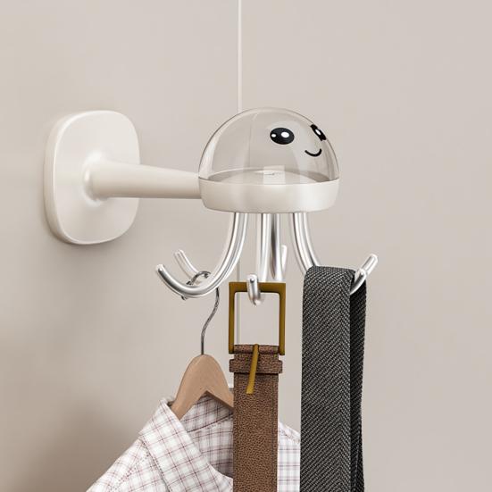 Пластиковая настенная полка-органайзер с прочным клейким креплением, грузоподъемная, в форме мультяшного осьминога, дизайн с шестью крючками, полка для хранения в ванной