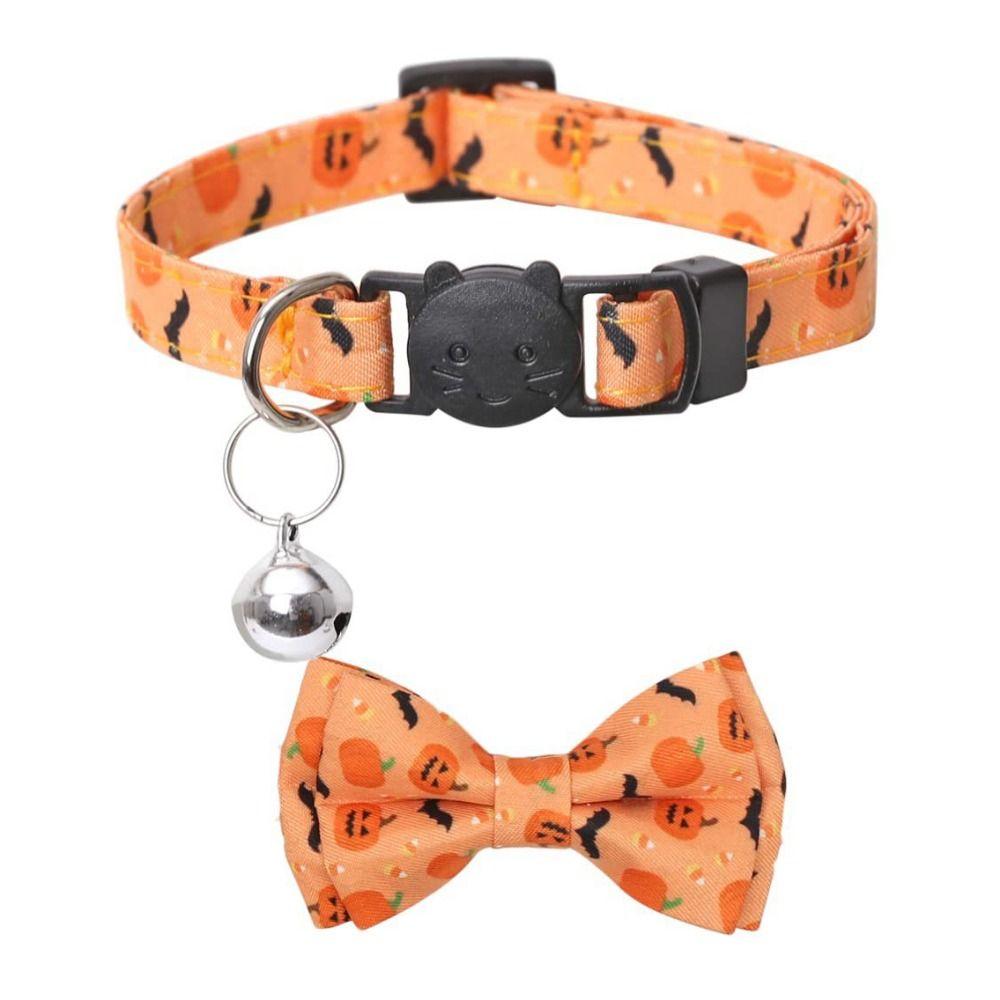 С колокольчиком Хэллоуинский ошейник для кошки с регулируемым бантом, тыквенный ошейник для щенка с колокольчиком, летучие мыши/тыква/череп/паук, съемный