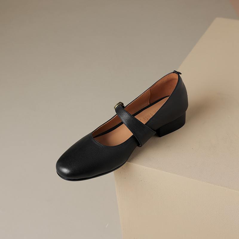 Осенние туфли из коровьей кожи с круглым носком на толстом среднем каблуке, однотонные женские туфли Мэри Джейн