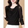 Spring Autumn Black Mesh Bottom Shirt Women's Interior Style Lace Top T-Shirts Women’s