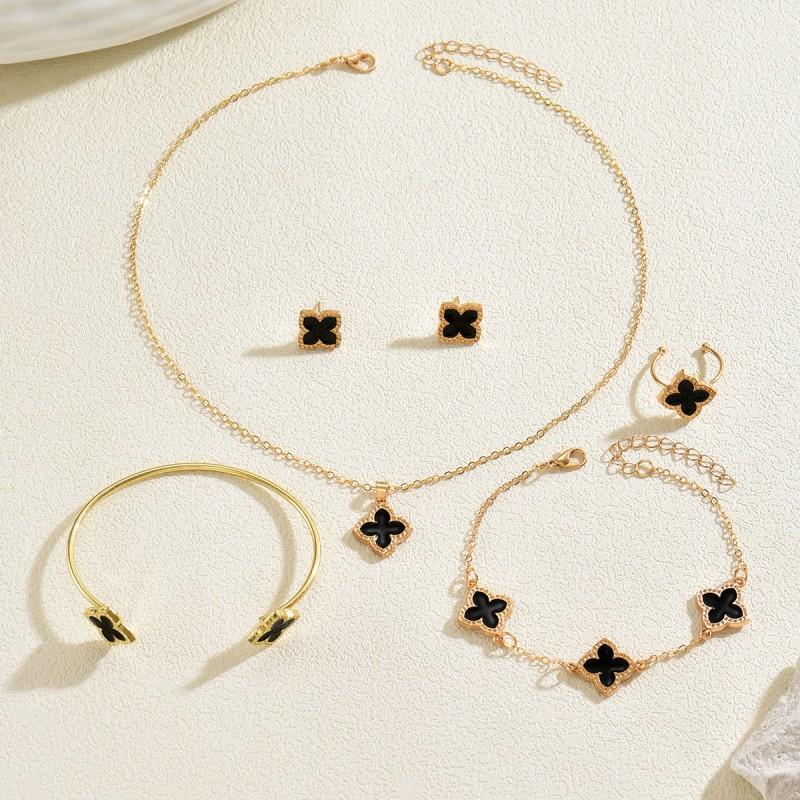 Wind Jewelry Set Geometric Clover Enamel Necklace Earrings Bracelet Women