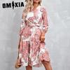 Женская мода лето весна цветочный принт с длинным рукавом V-образным вырезом повседневные платья