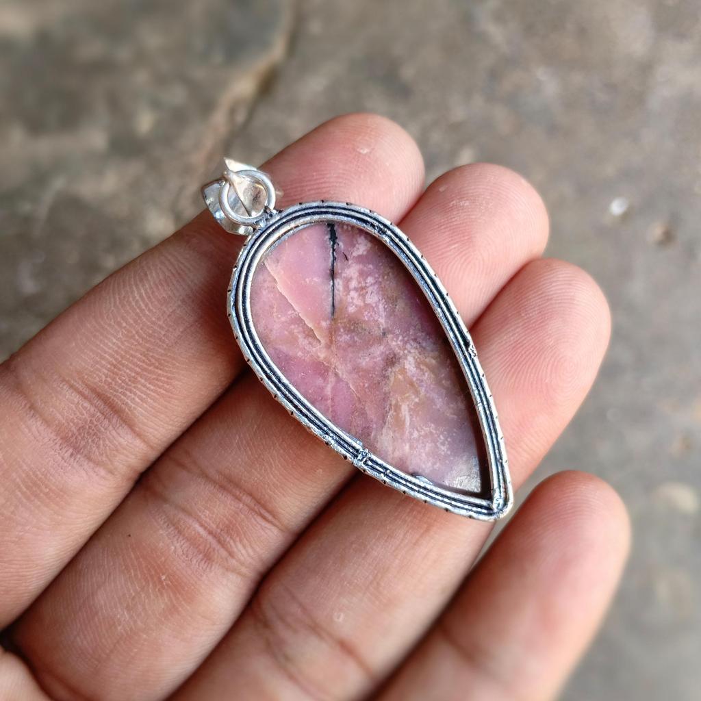 Natural Rhodonite Pear Pendant, 925 Sterling Silver Boho Jewelry