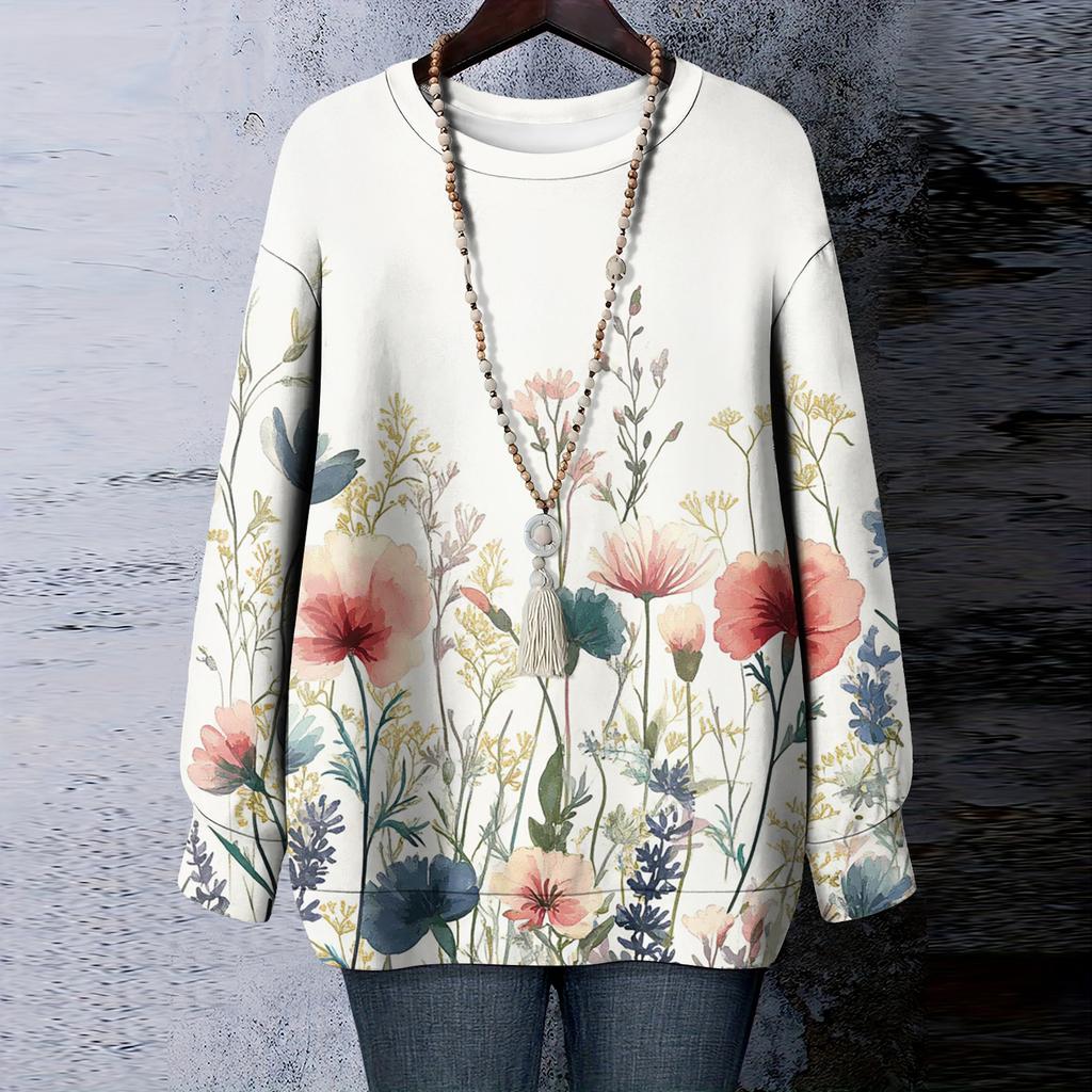 Женская футболка с цветочным принтом, круглым вырезом и длинными рукавами, свитшот
