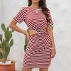 GMXIA Женская мода лето весна сплошной полосатый принт с коротким рукавом и круглым вырезом с высокой талией повседневные платья