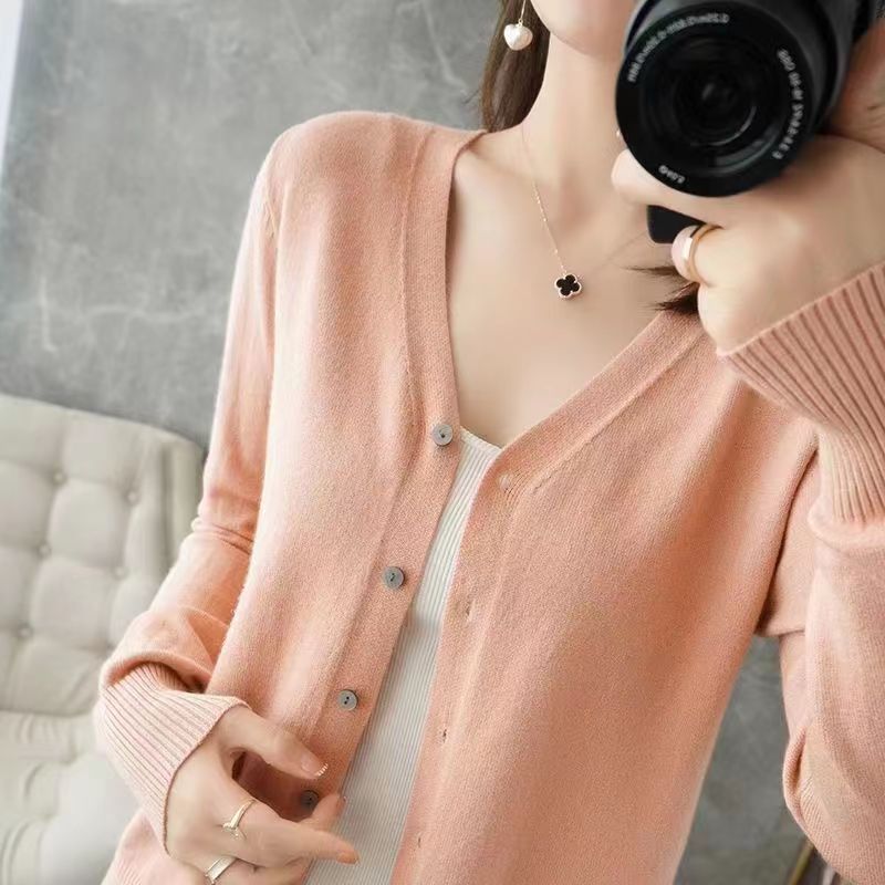 Women's V-Neck Knitted Cardigan Loose Slim Plus Size Sweater All-match Jacket Solid Color Basic Small Cardigans for Spring Autumn