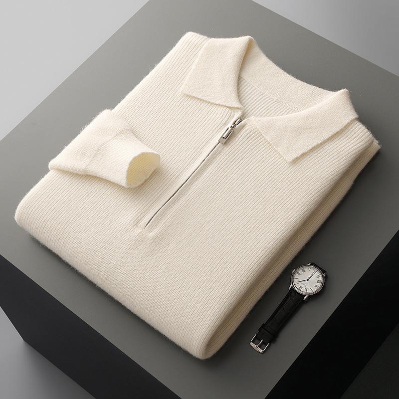 Мужской деловой повседневный пуловер поло из чистой шерсти на молнии - Осенне-зимний пуловер свободной вязки