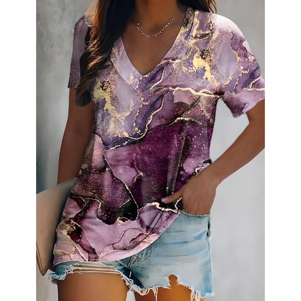 Женские летние топы Tie Dye Повседневные без рукавов с коротким рукавом с V-образным вырезом Обычные топы Ежедневный принт Цветные весенние футболки