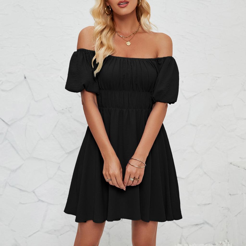 Женское модное однотонное платье с одной линией выреза и короткими рукавами, темпераментное плиссированное платье с высокой талией