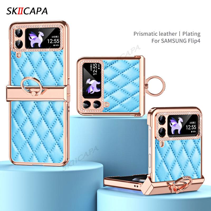 Роскошный кожаный чехол-держатель с гальваническим покрытием для Samsung Galaxy Z Flip 4 Diamonds, защитное покрытие для линз, складной чехол для Samsung Z Flip4